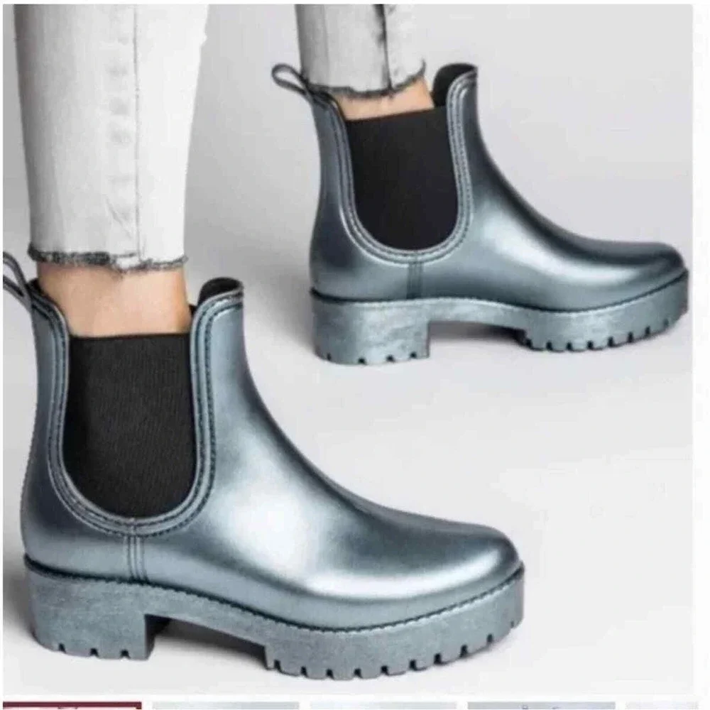 Jeffrey Campbell Metallic Chelsea Rain Boots Platform Ankle Booties Waterproof 9